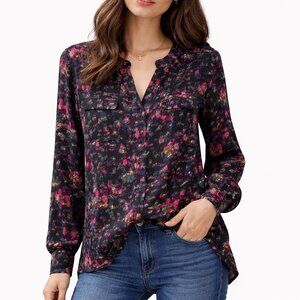 Saks Fifth Avenue Black Paint Brush Floral Hi Lo Button Blouse Quiet Luxury S